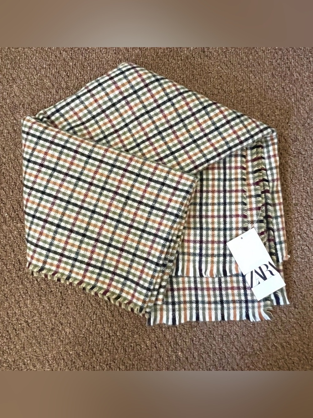 Zara earth toned cashmere like fringed blanket scarf
